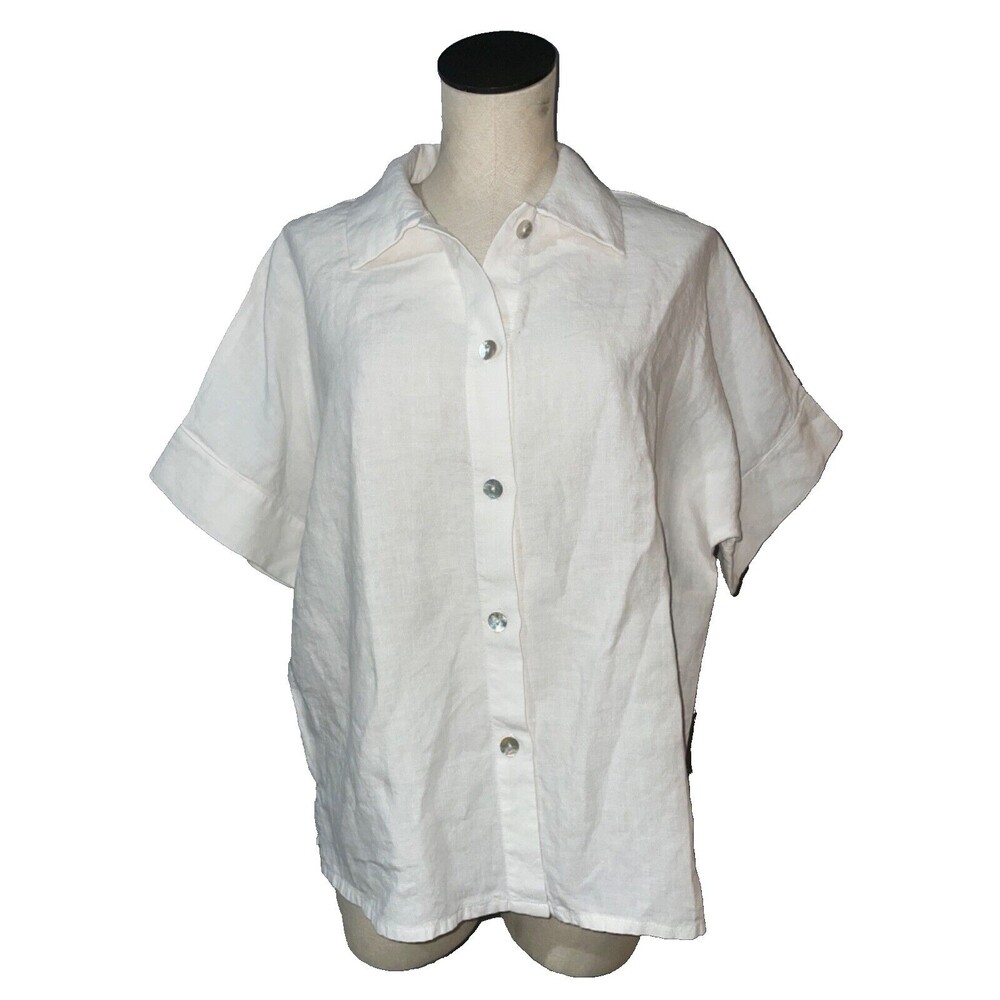 Christopher Calvin made in USA Womens Short Sleeve Linen Button Up Shirt size M